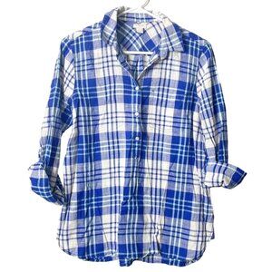 J. Crew Blue Plaid Popover Shirt Women's Size Extra Small 100% Cotton Roll Tab S
